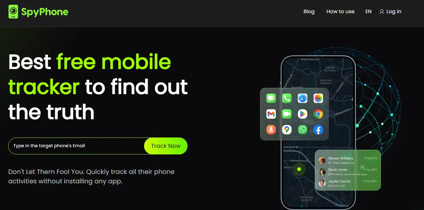 Screenshot of SpyPhone Free Tracker home page