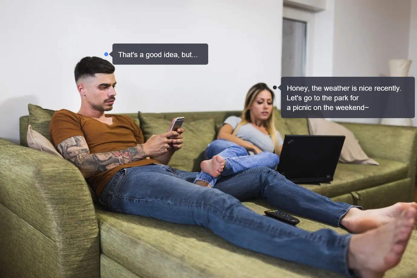 Couple lying on sofa