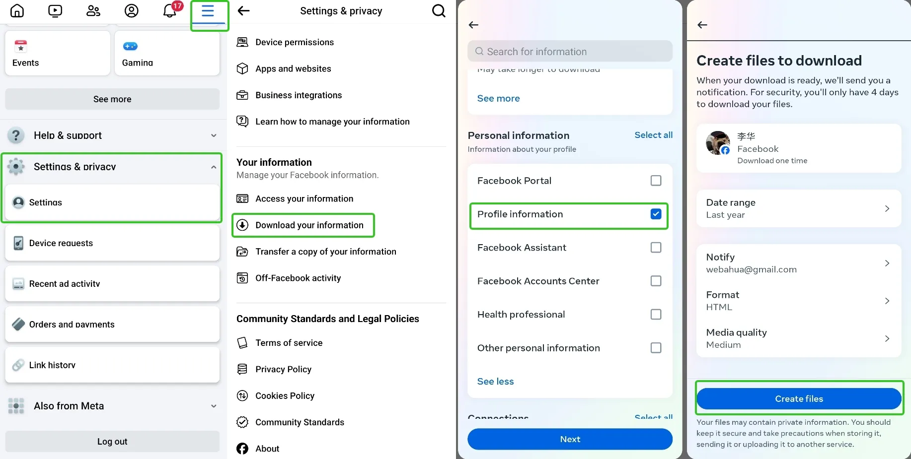 Steps of download email on Facebook