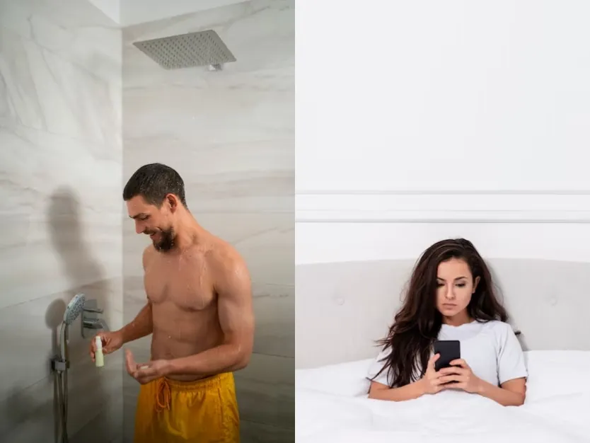 Girlfriend checking her boyfriend's phone while he's taking a shower