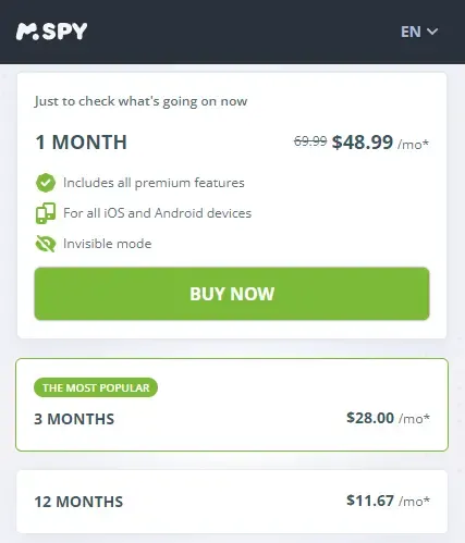 Price of mSpy homepage