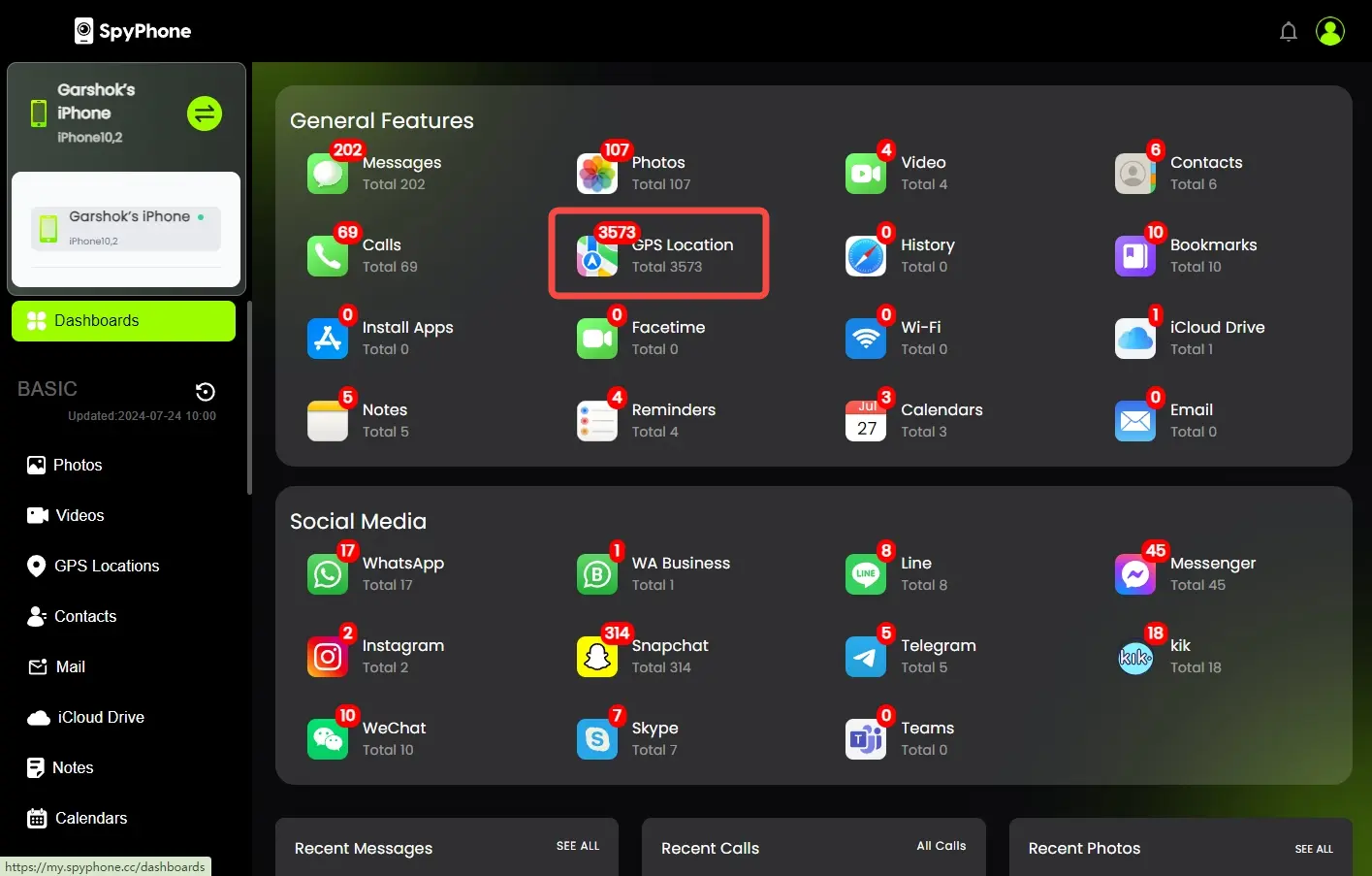 SpyPhone dashboard
