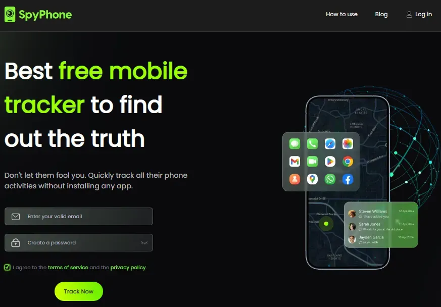 Screenshot of SpyPhone home page