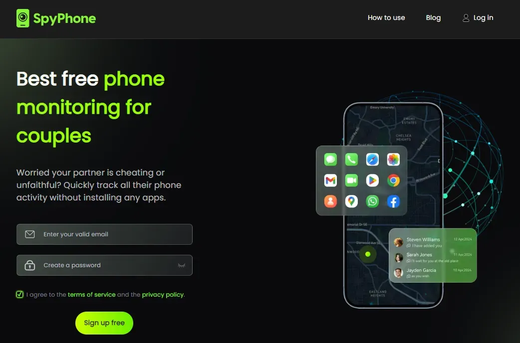 Screenshot of SpyPhone homepage