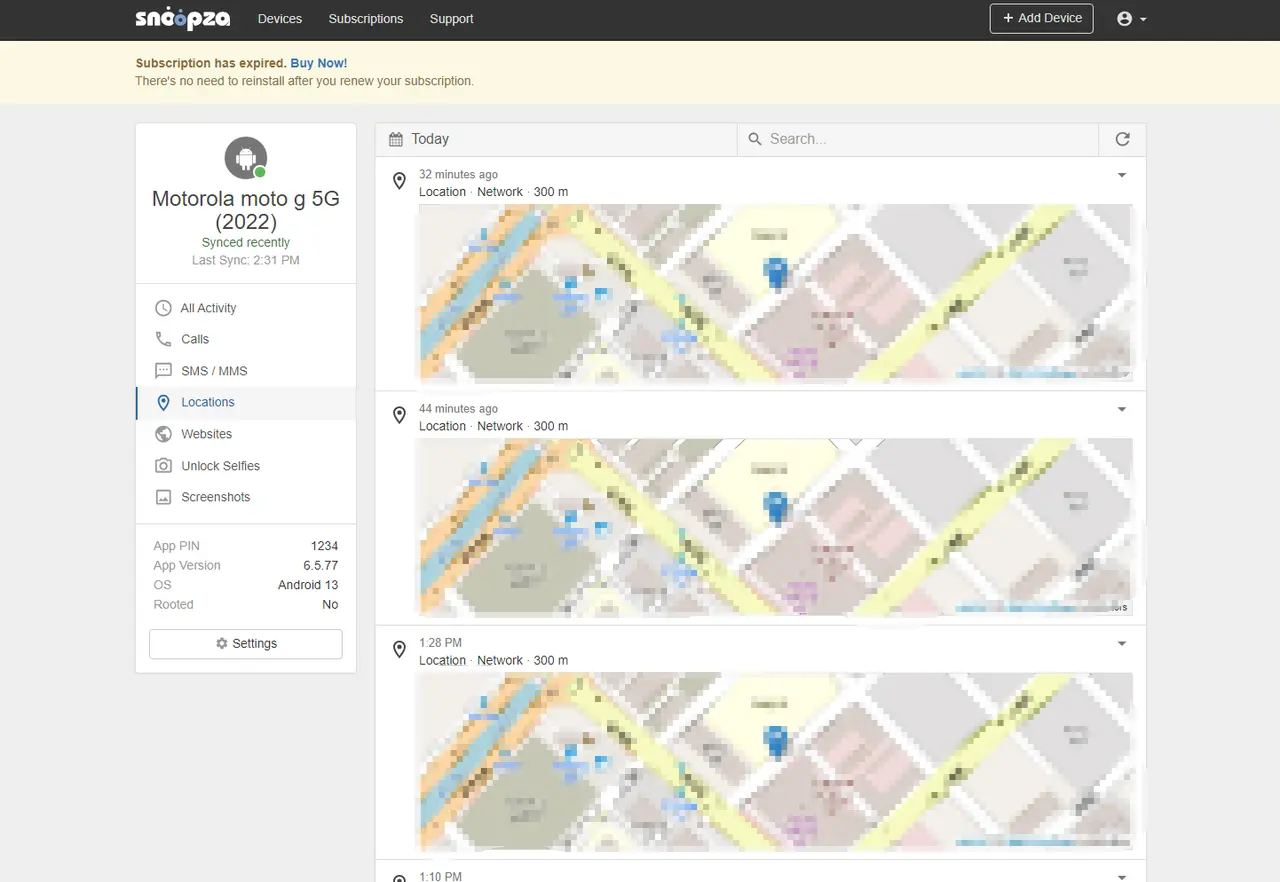 Snoopza Dashboard Displaying Tracked Geolocation Data