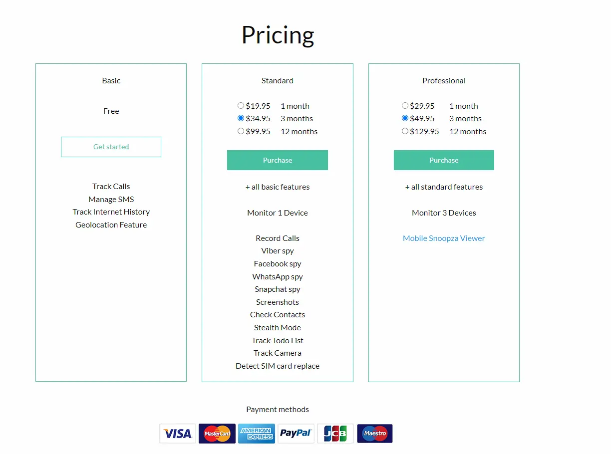 Snoopza subscription pricing plans