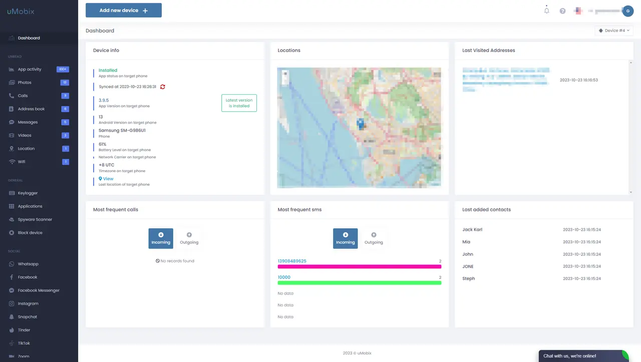 uMobix Dashboard Tracking Activities