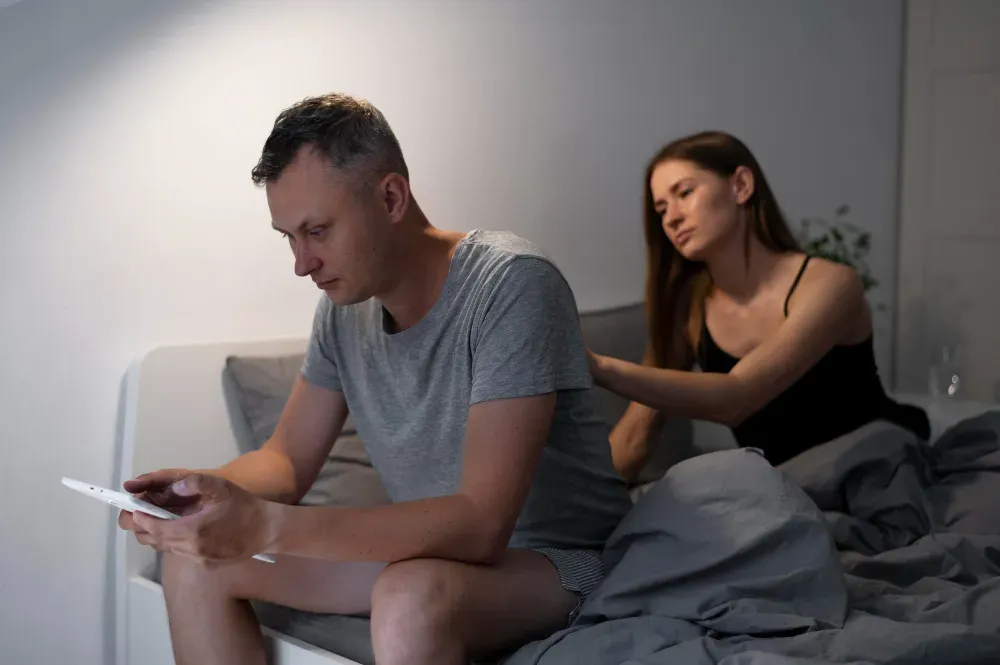 Woman in bed wondering if boyfriend is losing interest